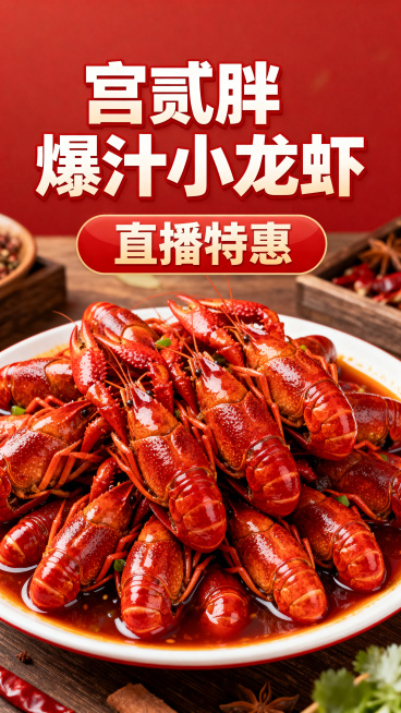 电商直播海报，主体是宫贰胖爆汁小龙虾，红亮油润的小龙虾堆满画面，汤汁饱满诱人，上方醒目大字写着"宫贰胖爆汁小龙虾"，下方标注"直播特惠"，美食摄影风格，暖红色调，食欲感满满，高清晰度预览效果