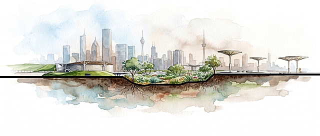 根据参考景观剖面图生成清新写实水彩风格景观剖面图，中间保留景观植物剖面图，剖断线设计为黑色加粗线条，背景添加渐隐的城市天际线，保证画面前后层次清晰，纵深感自然