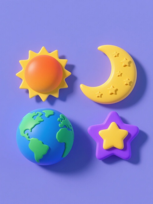 纯色背景，立体风格插画，包含四个完全不同的天体元素：橙色渐变圆形太阳带有黄色光芒、黄色弯月形月亮带有星星点缀、蓝色圆形地球带有绿色大陆纹理、紫色星形星星带有黄色五角星图案，所有元素规整排布，保持圆润边缘和明亮色彩，每个元素都有轻微的阴影效果增强立体感，整体呈现统一的卡通立体风格。预览效果