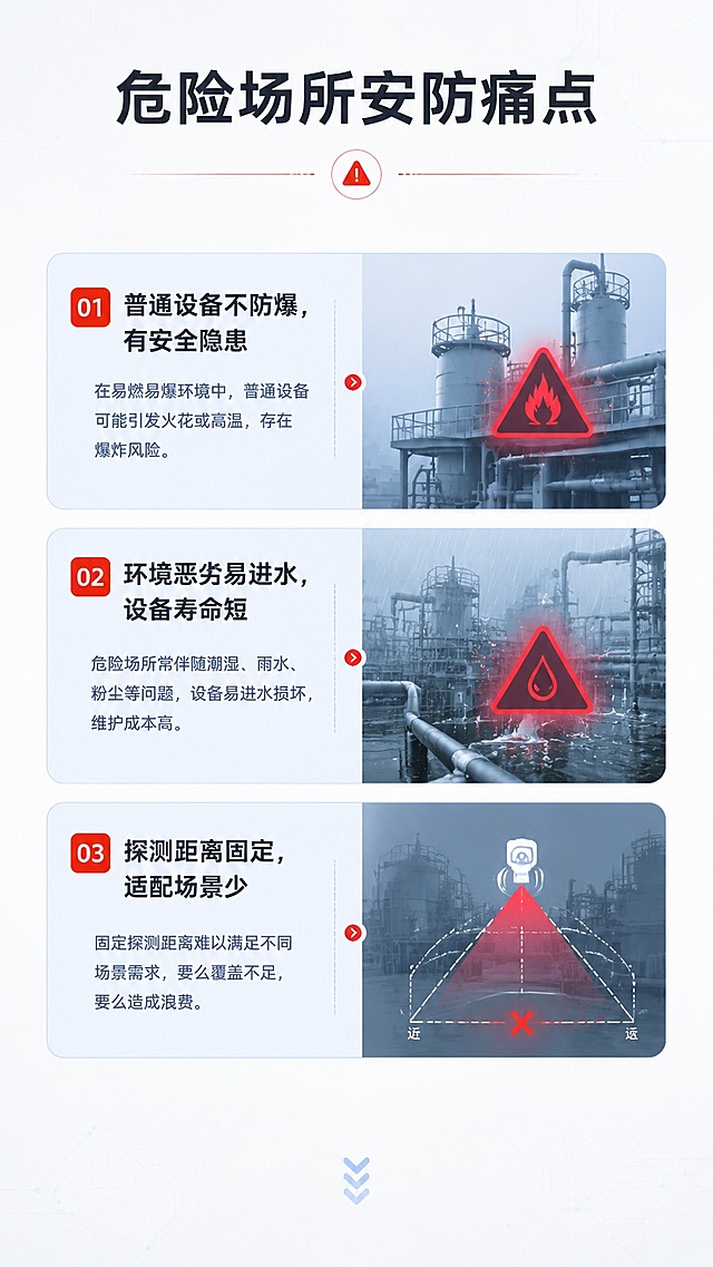 [第2屏] 痛点直击页-危险场所安防痛点解析。本屏无需使用产品图。
[氛围/风格] 警示科技风，浅灰背景，清晰图文排版，专业理性风格。
[元素布局] 顶部大标题，中部列出3个痛点场景卡片，每个卡片配场景小示意图，底部留白引导选择。整体分三栏布局，痛点说明清晰，不拥挤。
[光影质感] 均匀柔和布光，文字区域对比清晰，图标与文字区分明显，无强烈阴影。
[配色色系] 全局底色 #F5F6F8；主色深灰文字，红色警示小标签，浅蓝卡片底色。
[视角构图] 纵向排版，从上到下阅读动线，居中对齐，留白充足。
[文字版式] 顶部大标题「危险场所安防痛点」，三个痛点卡片分别：1. 普通设备不防爆，有安全隐患；2. 环境恶劣易进水，设备寿命短；3. 探测距离固定，适配场景少。每个痛点配图标，文字大小适中，手机端清晰可读。
[比例分辨率] 9:16 竖版比例，4K分辨率，文字清晰可辨，高清画质。
[负向提示词] 文字错乱，文字过小，变形，水印，背景杂乱，极限词