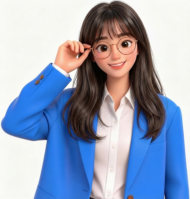 软3D风动漫人物，商务感与可爱感融合，现代清新设计，圆框眼镜点缀，展现职场女性的优雅与亲和力。