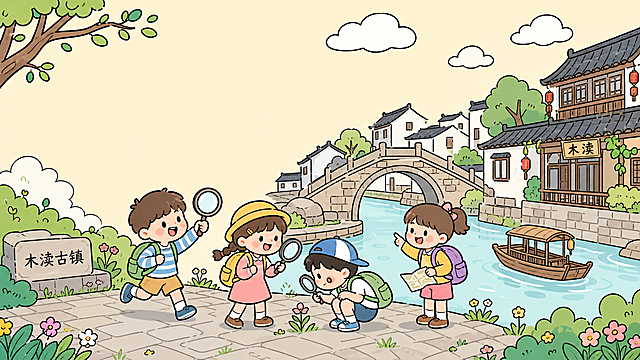 手绘涂鸦风、童趣卡通、粗黑描边、平涂色彩、明亮清新、低饱和度马卡龙配色、简约线条、儿童插画风格，木渎古镇探险主题，孩子们背着书包拿着放大镜探寻，古镇场景搭配卡通小树和简笔云朵，暖黄奶白底色，横版排版，预留活动标题位置，整体风格天真烂漫元气可爱，带有治愈松弛感