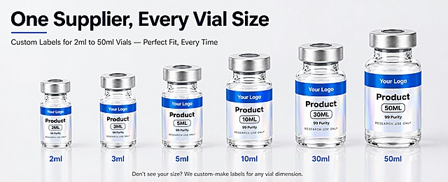 [商品] 使用【图1】【图3】的西林瓶标签产品，衍生出6种尺寸：2ml、3ml、5ml、10ml、30ml、50ml。每种尺寸的西林瓶大小不同，标签宽度和高度按比例适配，标签设计元素（蓝色Your Logo条、Product、镭射银底、RESEARCH USE ONLY）保持一致，仅尺寸和容量标注变化。所有瓶子均为透明玻璃+银色铝盖。
[画面] P5多尺寸适配展示。目标：展示全尺寸覆盖能力，体现专业定制。构图：顶部大标题+副标题，下方6个不同尺寸的西林瓶从左到右按从小到大排列，呈弧形或阶梯式排列，每个瓶子下方标注容量。瓶子底部有统一倒影。背景浅灰#F0F2F5。画面下方一行小字说明可定制更多尺寸。
[视觉] 套系策略：风格=亚马逊高级A+ 浅灰专业医药包装风 / 跨境极简高级商业摄影；标题字=现代无衬线超粗体；正文字=简洁无衬线体；主色=浅灰#F0F2F5；背景延展=浅灰渐变+细腻颗粒+微妙台面反光；强调色=产品亮蓝色（用于容量标注、下划线）；标题色=深藏青近黑；正文色=中深灰；组件=极简容量标注文字、底部统一倒影；光影=顶部均匀漫射光，瓶身通透，标签镭射效果清晰。
[文字] 顶部大标题"One Supplier, Every Vial Size"，副标题"Custom Labels for 2ml to 50ml Vials — Perfect Fit, Every Time"。6个瓶子下方依次标注：2ml / 3ml / 5ml / 10ml / 30ml / 50ml。底部一行小字"Don't see your size? We custom-make labels for any vial dimension."。所有文字横排，英文地道。
[规格] 亚马逊高级A+ Web端 61:25横版，4K分辨率，负向提示：避免瓶子比例失真、标签文字错误、大小对比不明显、中文出现。
