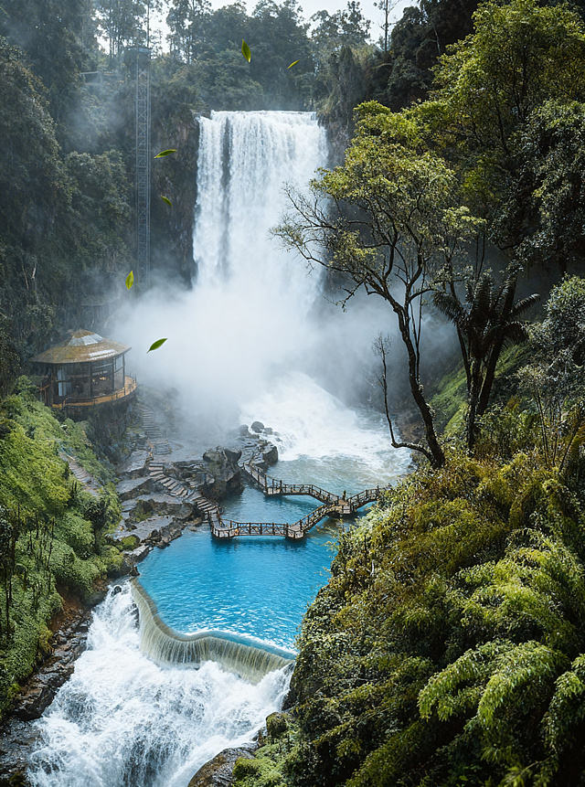 Magnify the waterfall to make it larger and wider, the water flows down strongly creating thick fog, there is a clear blue lake below and a winding wooden path around the waterfall, surrounded by lush green trees, soft natural light passes through the leaves, add a few tea leaves floating gently in the air to create a poetic feeling, photorealistic style, high detail, cinematic, no oil painting, no painting, no painterly effect, natural color, depth of field, 4K