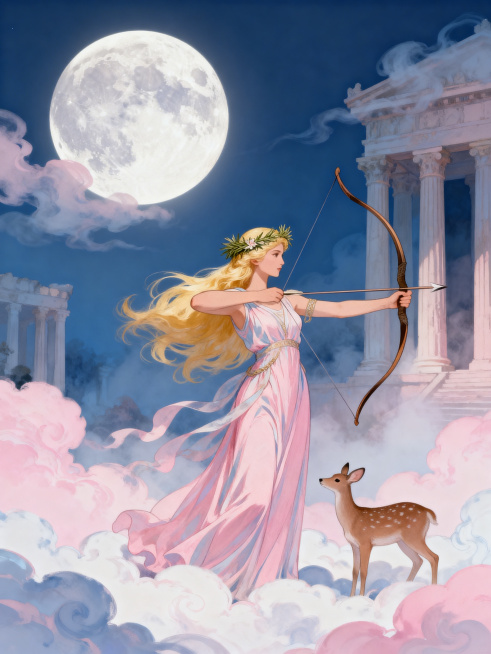 参考原图肌理国风插画风格，皎洁明月悬挂，轻柔云雾环绕四周，月亮女神阿尔忒弥斯身姿优雅，身着长裙，金色长发随风轻扬，头上戴着草编花饰，神情宁静而坚定，站在云雾之上，双手稳稳拉开弓箭，背景是朦胧的神殿建筑预览效果