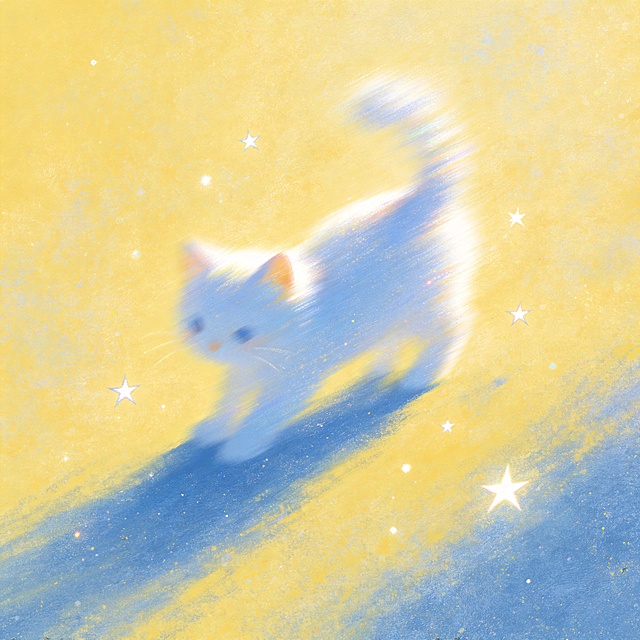 极简插画，虚实结合风格，模糊泛黄颗粒肌理，单一纯色背景，整体带有模糊感、颗粒感、肌理感与朦胧感，清新淡雅治愈配色，色彩冷暖对比强烈，强调梦幻温暖氛围感，带有微光，画面中隐约呈现小猫形态，周围点缀小星星，非传统构图方式，添加动态模糊效果，整体氛围自序艺术可爱