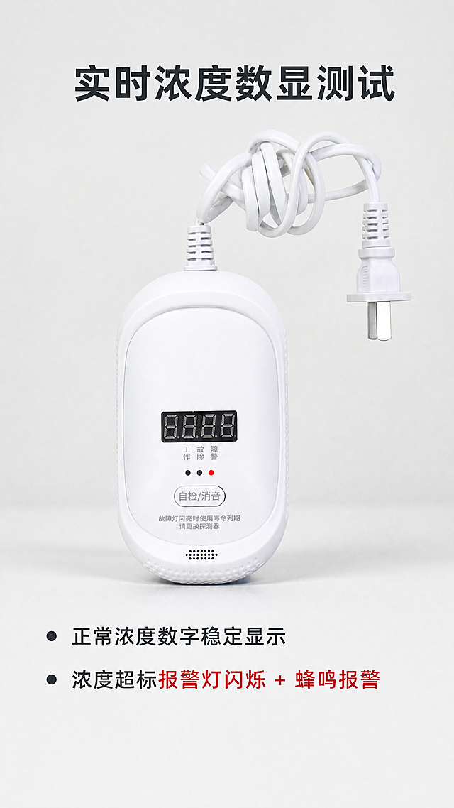 [第5屏] 核心功能实测屏，展示实时数显与报警功能。使用【图2】作为产品主体，保留外观结构和原图一致。[氛围/风格]真实测试场景，专业客观。[元素布局]产品放画面中央占60%，背景为简单测试台。上方标注「实时浓度数显测试」，下方两点说明：正常浓度数字稳定显示，浓度超标报警灯闪烁+蜂鸣报警。保留数码显示屏和按键文字与原图一致。[光影质感]正面布光，产品清晰，显示屏数字锐利，文字清晰。[配色色系]背景 #F5F5F5，产品白色，标注深灰，报警提示红色。[视角构图]中心构图，产品正面展示，信息上下分布。[比例分辨率]9:16竖版，4K分辨率，文字清晰。[负向提示词]产品变形，数字错乱，结构错误，颜色偏差。