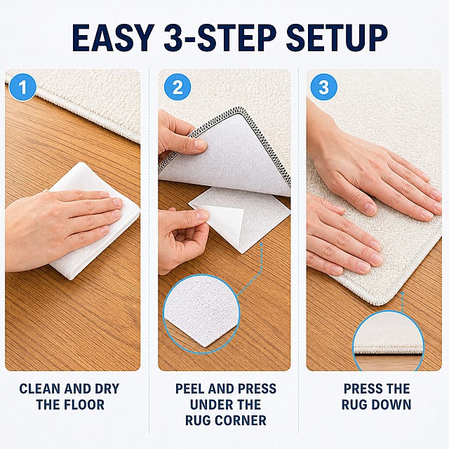 [主图-3] 商品名称：10 Pcs Rug Corner Grippers Anti-Slip Rug Pads Reusable Washable Rug Tape for Hardwood Floors and Tile Floors。唯一任务：使用步骤演示——三步完成安装，亲手可做。
[统一基调] 整套统一视觉：明亮清爽的家居功能型 listing 信息图；背景主色为纯白与浅灰（#F5F7FA）渐变，环境色为暖木色地板与奶油色地毯；标题字色深海军蓝 #1B2A41，辅助字色中灰 #5A6B7C，强调色清亮天蓝 #2D9CDB；全图只用一种无衬线几何粗体标题外观，副文案为同级细体；组件统一为白色圆角卡片、细浅灰描边、淡蓝圆形数字标、细线引线与圆形局部放大窗；光影为明亮自然柔光窗侧光与柔和接触阴影。
[画面] 满版横向三段流程，从左到右等宽排列，段与段之间用浅灰细竖线分隔，采用横向流式结构而非宫格。第一段：欧美成年女性手部用干布擦拭硬木地板一角，地面干净无水痕，45° 俯视。第二段：同一双手撕开白色离型纸，把白色方形角抓垫按压到地毯背面角部，手指动作真实、接触点与受力方向清楚，近景侧俯视。第三段：双手把地毯角压平贴地，地毯平整无翘边，低角度侧视。三段必须为同一双手、同一色温、同一套配色。每段左上角一个淡蓝圆形数字标，依次为大写英文 "1" "2" "3"。产品外观、结构、材质、颜色与输入图一致。
[光影质感] 三段统一明亮自然柔光，地板木纹与地毯绒面有细腻质感，接触阴影柔和。
[配色] 沿用统一基调，环境色为木色与奶油色，天蓝只用于数字标与分隔线。
[文字版式] 顶部大标题英文 "EASY 3-STEP SETUP"；每段下方短句英文依次为 "CLEAN AND DRY THE FLOOR" "PEEL AND PRESS UNDER THE RUG CORNER" "PRESS THE RUG DOWN"；同一字体外观、词组换行、无逗号、字号小于大标题 50% 以上。
[输出要求] 1:1 正方形 2048x2048，文字清晰、动作清晰、无错字；负向：变形、模糊、错字、杂乱、水印、平台 Logo、多余手指、畸形手、融合手指、中文文字。