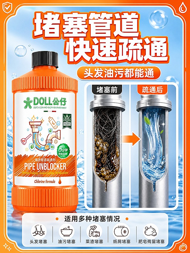 [主图-2] 核心效果展示，证明管道疏通剂的疏通效果，带边框设计。
[统一基调] 抖音3:4竖版主图，整体风格强视觉冲击、洁净通透、明亮清爽；背景主色为洁净浅蓝渐变搭配橙色活力点缀，标题字色为白色加粗大字配橙色描边，辅助字色为深灰色，强调色为活力橙；字体为粗黑体，字号层级分明，大号主标题+中号副标题+小号说明；整体画面四周带精致橙色渐变边框设计，边框内侧有细白线装饰，四角有小图标点缀，提升点击率和高级感；卡片为圆角半透明白底，图标为简约线性风格。
[画面] 画面中央偏左放置橙色瓶身的DOLL公仔管道疏通剂单瓶，正面展示；右侧为效果演示区域，用管道截面示意图展示疏通前后对比，左侧管道堵塞有头发油污，右侧管道通畅水流顺畅；中间用箭头连接表示疏通效果；产品周围有气泡和水滴元素增强洁净感。
[光影质感] 商业摄影质感，产品光影自然，管道示意图清晰有立体感，整体光线明亮均匀，突出洁净通透的视觉感受。
[配色] 背景浅蓝渐变，产品橙色，管道示意图用灰色和蓝色表现，疏通效果用绿色对勾表示通畅，整体配色协调有冲击力。
[文字版式] 顶部大标题"堵塞管道 快速疏通"，白色粗黑体加橙色描边；副标题"头发油污都能通"，橙色字体；管道示意图上方分别标注"堵塞前"和"疏通后"；底部补充说明"适用多种堵塞情况"；文字放在负空间，不遮挡产品主体。
[输出要求] 比例3:4竖版，文字清晰无错字，产品清晰不变形，边框设计精致有点击率，效果展示直观；负向：变形、错字、模糊、杂乱、水印、平台Logo、违规极限词、夸张虚假宣传。