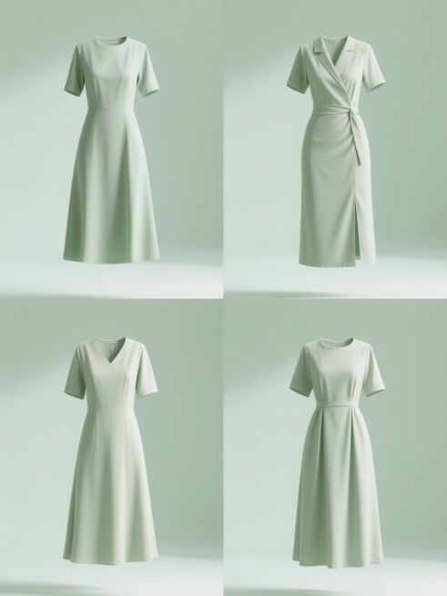 简约现代风格的服装展示图，四张相同风格的连衣裙图片规整排布，每张图片展示不同款式的裙子，延续原图的浅绿色调与柔和光线，保持简洁的纯色背景，无任何文字、logo或水印，突出服装的剪裁与质感，整体构图干净利落，视觉层次清晰，展现简约时尚的设计感。预览效果
