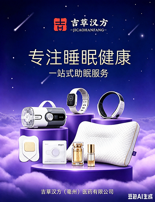 在原图基础上进行调整：将底部的文字"吉草汉方（亳州）医药有限公司"向上移动位置，将文字"专注睡眠健康"字号缩小，保证标题文字"吉草汉方"和"专注睡眠健康"两个字体大小比例协调，其他内容保持不变