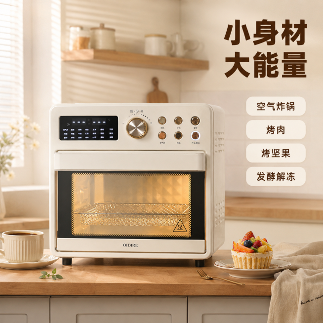 [主图-4] 产品容量与使用场景展示主图。[氛围风格] 奶油复古治愈家居风，展示产品小体积大用途。[画质] 商业摄影质感，光线柔和通透，产品清晰真实，画面干净高级。[元素] 烤箱放置在小户型厨房台面上预览效果