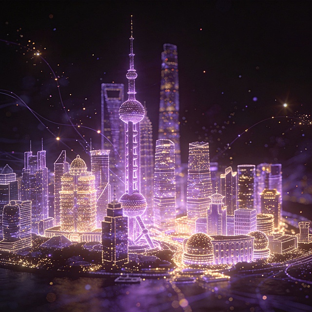 上海地标建筑群，紫金色