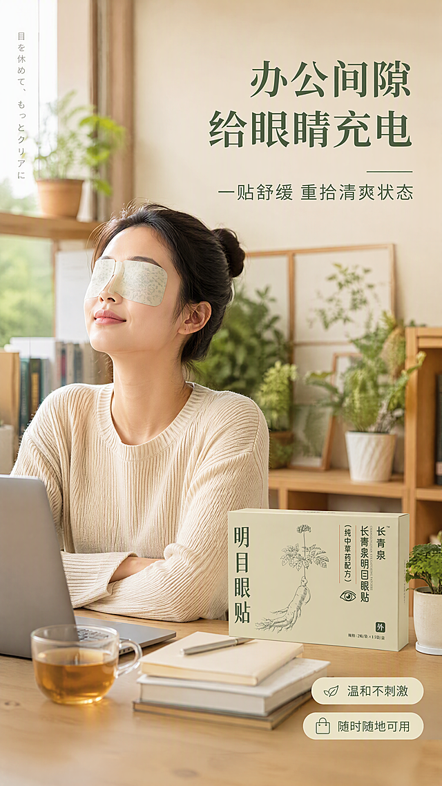[第5张] 详情页人物使用页-居家办公护眼场景真人展示。本张使用【图1】作为产品包装参考，生成眼贴使用场景。
[氛围/风格] 温馨居家感，放松治愈，真实自然，商业摄影质感。
[元素布局] 画面主体为一位亚洲女性闭着双眼，眼部敷着眼贴，坐在书桌前放松休息；桌上有笔记本电脑、一杯热茶、几本书；产品包装盒摆放在桌面右侧；背景为温馨的居家书房环境，有绿植点缀；人物肩线以上半身，表情自然放松。
[光影质感] 窗边自然光，柔和温暖，人物面部光线均匀，整体氛围宁静舒适。
[配色色系] 全局底色 #F7F3E9 暖米色调；主色墨绿 #4A6B3E；辅助色木色、米白、浅绿。
[视角构图] 中景平视，人物偏左，产品在右侧桌面，阅读动线从人物到产品。
[文字版式] 右上主标题「办公间隙 给眼睛充电」，副标题「一贴舒缓 重拾清爽状态」；右下角两个小标签「温和不刺激」「随时随地可用」；文字不遮挡人物面部和产品。
[比例分辨率] 9:16 竖版比例，4K 分辨率，文字清晰可辨，高清画质。
[负向提示词] 人物表情夸张，面部变形，产品包装错乱，水印，文字过小。