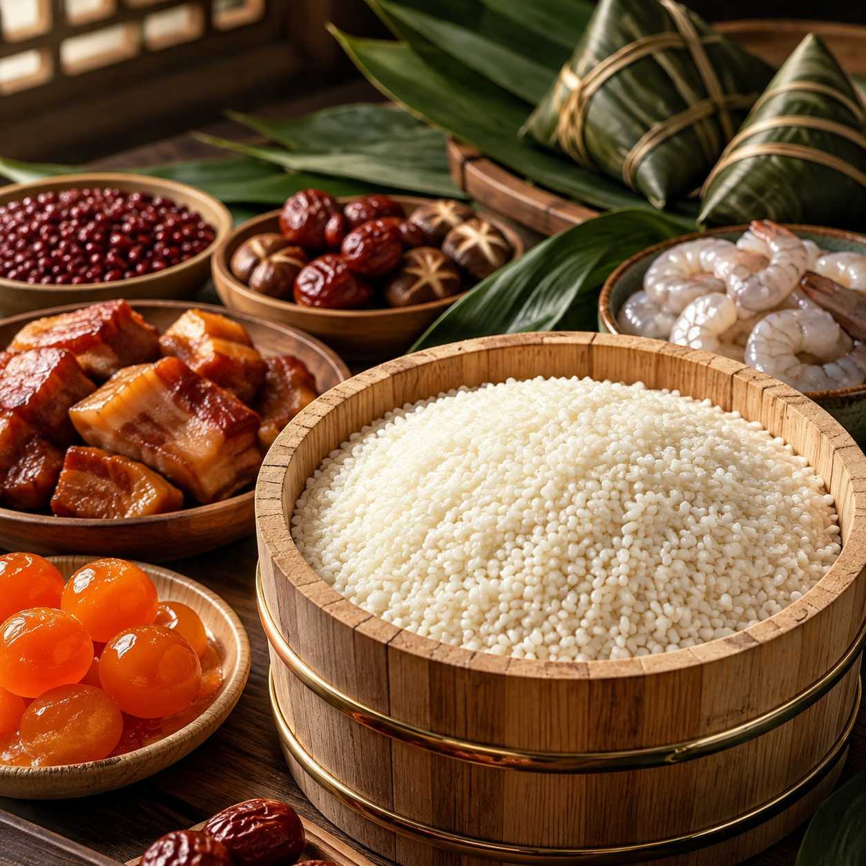 参考图风格的粽子食材美食摄影图，前景是木桶里装满的饱满白糯米，… - 图片创意预览