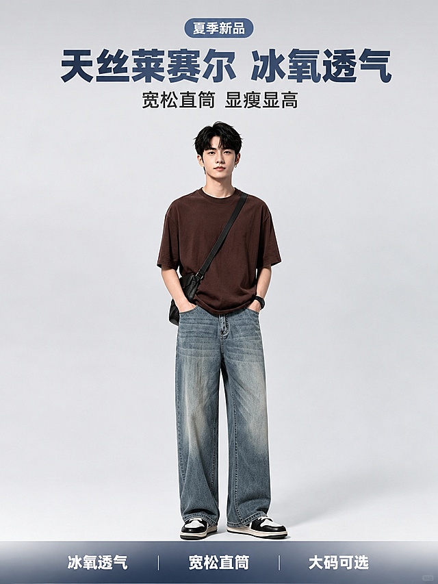 淘宝男装牛仔裤竖版主图首图，1440x1920竖屏3:4比例，正面全身模特穿搭展示。年轻帅气亚洲男模特，黑色短发，面容干净清爽，身穿深棕色宽松短袖T恤，下身穿着浅蓝色水洗天丝莱赛尔直筒牛仔裤，脚穿黑白拼色休闲运动鞋，斜挎黑色小包，双手自然插在裤袋里，站姿挺拔自然。背景为极简浅灰色渐变影棚背景，干净高级。模特位于画面中下部，上方留出充足文案空间。顶部大字主标题"天丝莱赛尔 冰氧透气"，现代无衬线超粗体，深蓝色，居中排列；下方副标题"宽松直筒 显瘦显高"，深灰色，字号约为主标题三分之一，居中。主标题上方小标签"夏季新品"，白色字配深蓝色圆角底框，居中。底部通栏半透明渐变蒙层，三列卖点：左"冰氧透气"、中"宽松直筒"、右"大码可选"，白色字。商品主体（裤子）占画面比例约55%，突出裤子版型和垂坠感。商业摄影质感，正面柔光，阴影自然，画面通透干净，超高清。保持牛仔裤外观颜色材质与参考图绝对一致。负向提示：变形，文字错乱，产品模糊，背景杂乱，水印，电商平台Logo。