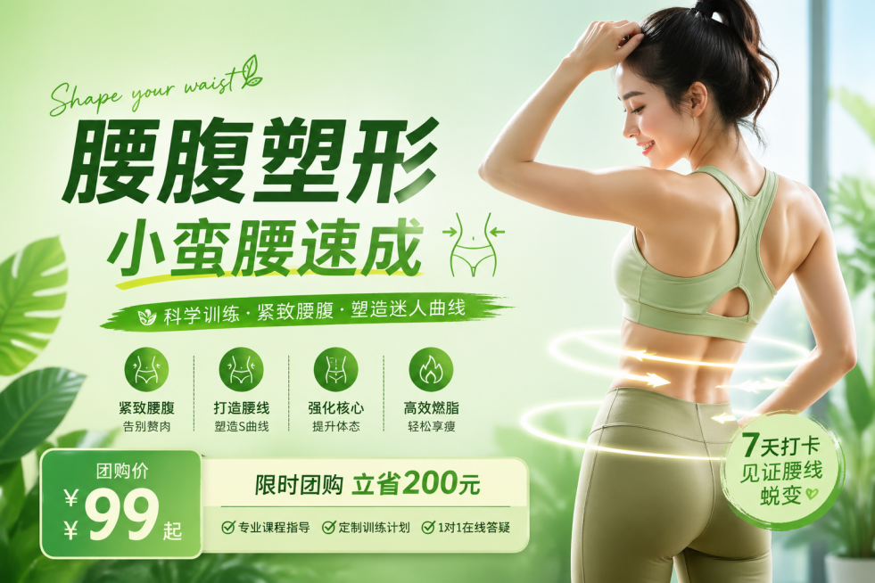 团购主页宣传图，主题为"腰腹塑形 小蛮腰速成"，整体以绿色为主题色，健康健身风格，画面清新有活力，包含健身腰线相关的视觉元素预览效果