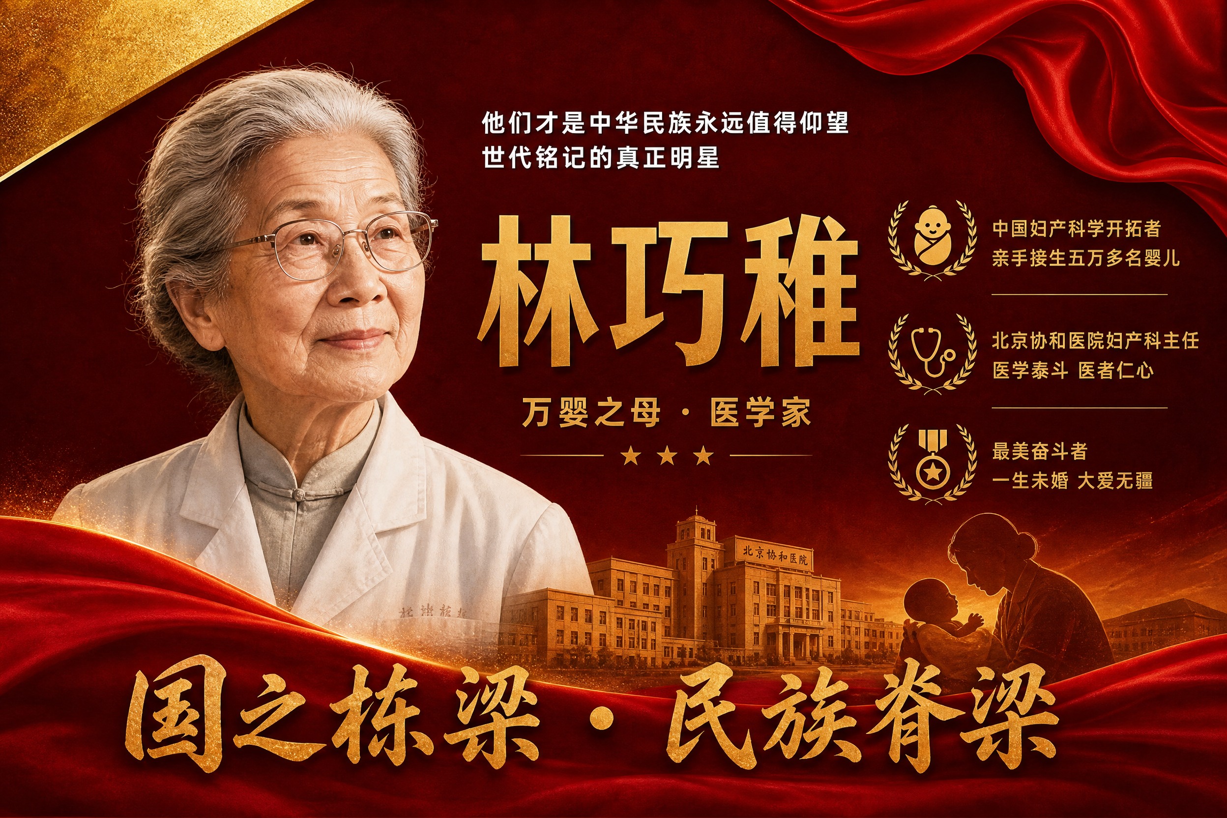 横版国之栋梁人物挂画海报，林巧稚主题，参考图版式风格复刻，红金… - 图片创意预览