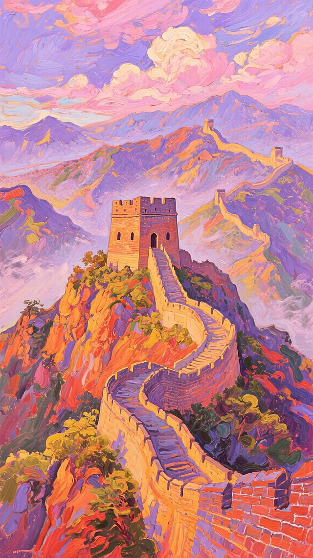 中国长城蜿蜒盘旋于险峻山脉之上，烽火台巍峨耸立，展现出壮丽的历史遗迹景观。采用印象派艺术风格，以大胆奔放的笔触和丰富明快的色彩描绘，主色调为温暖的橙红色调与明亮的黄色系，背景呈现出梦幻般的紫色天空与粉色云彩，营造出浪漫而富有诗意的氛围，远处山峦被朦胧的光晕笼罩，整体画面充满动感与活力，展现出不同于传统写实风格的独特视觉美感。