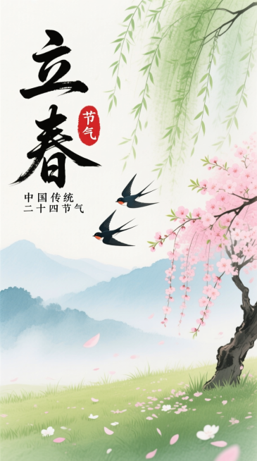 竖版构图，中国风水彩插画风格，清新柔和的春日氛围感，画面通透治愈，色彩淡雅明快。前景：嫩绿的草地，散落粉白色花瓣。右侧主体：盛放的粉色垂枝桃花（或樱花）树，上方搭配嫩绿垂柳枝条（自然垂落，带细腻柳叶纹预览效果
