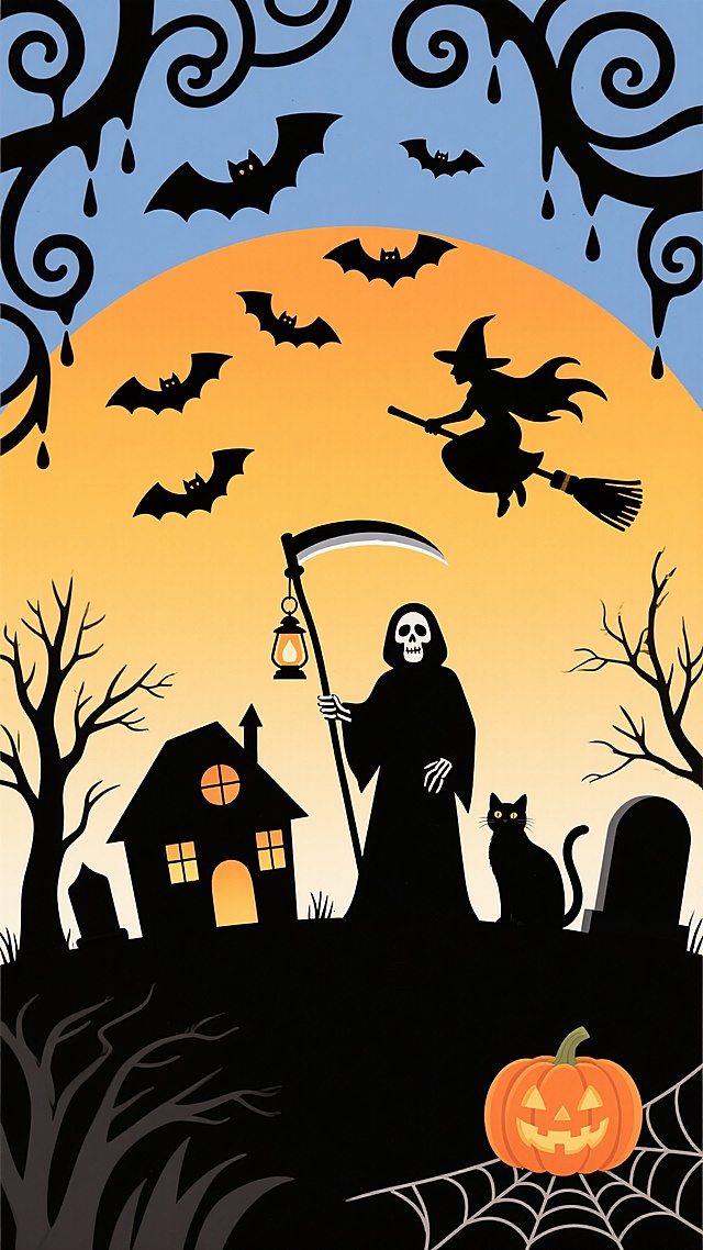 扁平风格万圣节主题插画，以橙黄色渐变背景营造神秘欢快氛围，画面边缘装饰黑色卷曲藤蔓与滴落状纹理，空中盘旋着多只黑色蝙蝠剪影，左侧有骑扫帚的女巫剪影飞行。前景底部为黑色剪影风格场景，中央是手持镰刀与灯笼的死神形象，旁边站立一只警觉的黑猫剪影，周围点缀着枯树、尖顶小房子（部分窗户透出暖光）和墓碑轮廓，右下角添加南瓜灯剪影与蜘蛛网状装饰，整体构图对称平衡，视觉层次分明，充满节日装饰感。