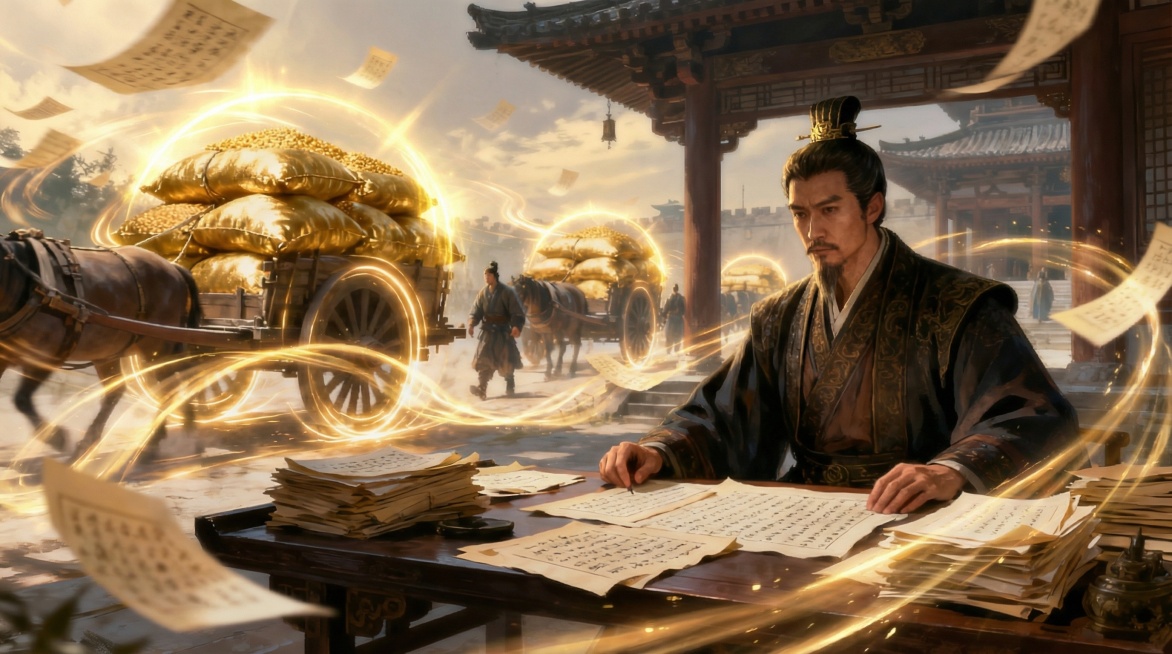 写实厚涂风格，游戏CG，超高细节，萧何身形挺拔威严，大气沉稳地身处后方官署，案前堆满文书，统筹调度，背景是络绎不绝运粮的车队，添加金色粮袋光晕、流动文书光效的意象特效预览效果
