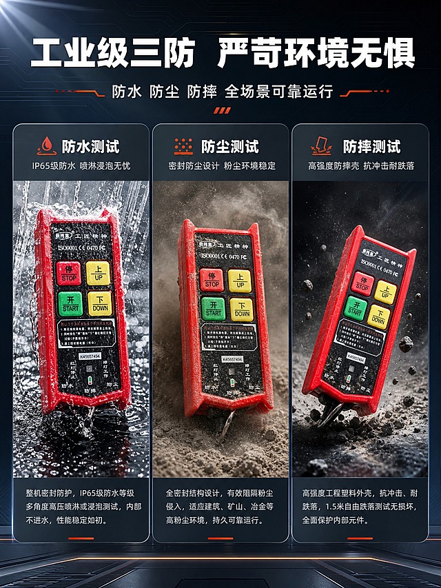 [商品] 使用【图2】红色无线遥控器为主，【图1】接收器主机为辅；保留产品红色防摔外壳、按键、面板文字和密封结构；精修外观，突出材质细节。
[画面] 详情页第4张工业三防性能证明，目标可视化展示防水、防尘、防摔三项核心防护性能。上中下三层结构，顶部标题，中部三个横向排列的测试场景模块，每个模块对应一项防护测试。产品在各测试场景中呈现。
[视觉] 套系策略：风格=高端工业科技风商业摄影；标题字=粗黑无衬线体；正文字=简洁无衬线体；主色=深蓝灰；背景延展=基于深蓝灰做深浅渐变、金属质感纹理、科技光带和电路板暗纹；强调色=橙红色，仅用于小面积图标、引线、标签和重点数字；标题色=纯白色；正文色=浅灰色；组件=圆角深色信息卡、细线引线、工业风图标；光影=左上方主光，产品边缘高光清晰，底部柔和接触阴影。
[文字] 顶部主标题"工业级三防 严苛环境无惧"（10字），副标题"防水 防尘 防摔 全场景可靠运行"（14字）。三个测试模块：1.防水测试："IP65级防水 喷淋浸泡无忧"，配水流喷淋遥控器的视觉效果；2.防尘测试："密封防尘设计 粉尘环境稳定"，配粉尘环境中遥控器正常工作的视觉；3.防摔测试："高强度防摔壳 抗冲击耐跌落"，配遥控器跌落撞击的视觉示意。每个模块下方有简短说明文字。
[规格] 图片比例3:4竖版，4K，避免变形、错字、文字过小、产品损坏夸张、虚假测试数据、水印和平台Logo。