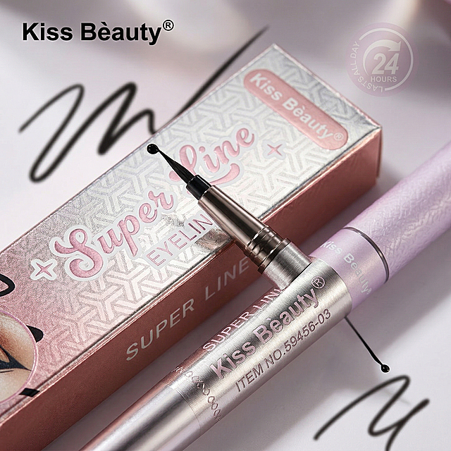 Generate a detail close-up image for "Kiss Beauty Super Line Eyeliner (Single Pack)", magnify the fine brush tip of the eyeliner, show the material and texture details of the pen body and packaging, highlight the delicate workmanship, improve product texture and trust, commercial close-up photography, high definition, all text in English.