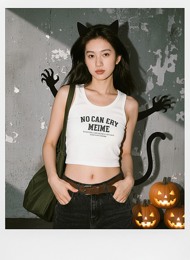 一束光射过来，主体的投影在墙壁上，投影是主体的外轮廓，加猫妖元素在投影上，主体旁边加点南瓜灯装饰，拍立得拍摄效果