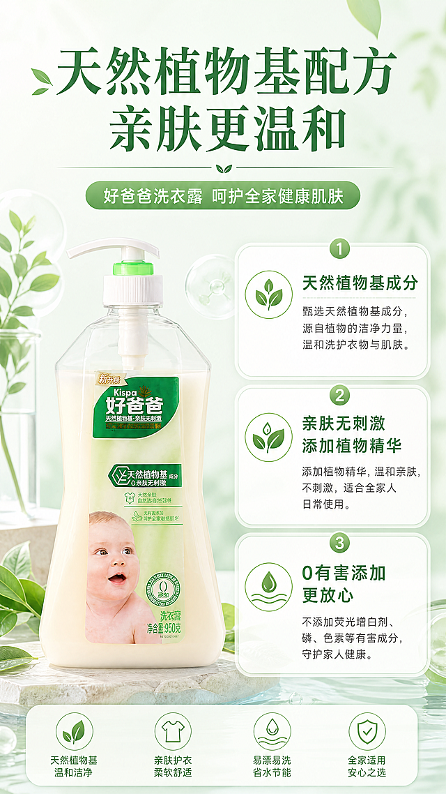 [第3屏] 核心成分解析页，讲解好爸爸洗衣露天然植物基优势。本屏使用【图1】产品标签提取成分信息。[氛围/风格] 专业安全，自然清新，透明感成分展示，商业科普质感。[元素布局] 上下分栏，顶部大标题，中部产品图放在左侧，右侧分三点列出核心成分卖点，用绿叶小图标点缀；每一点带短说明，清晰呈现天然植物基、亲肤无刺激、温和配方三个核心优势。[光影质感] 均匀柔和布光，整体通透干净，成分图标清晰。[配色色系] 全局底色 #e8f5e9；主色绿色系提取自产品包装；辅助色白色卡片承载文字，深绿色标题。[视角构图] 左产品右文字左右分栏构图，阅读动线从上到下再从左到右。[文字版式] 顶部主标题「天然植物基配方 亲肤更温和」，右侧三点卖点依次：「天然植物基成分」「亲肤无刺激 添加植物精华」「0有害添加 更放心」，每个卖点配绿叶图标，文字清晰不拥挤，适合手机阅读。[比例分辨率] 9:16竖版比例，4K分辨率，文字清晰可辨，高清画质。[负向提示词] 虚构认证，绝对化用词，产品变形，文字错乱，水印。