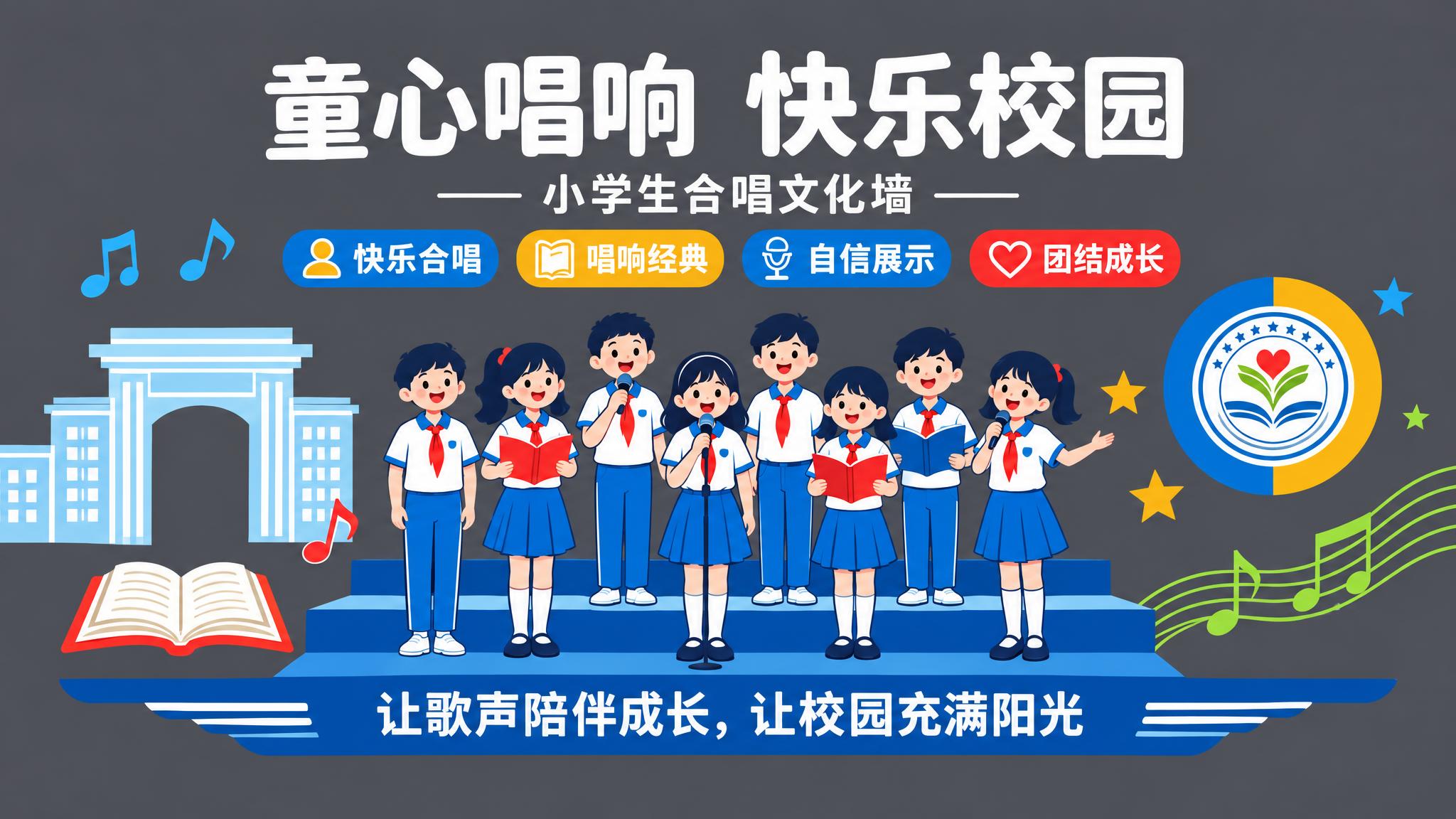 参考图风格的小学生合唱文化墙，深灰色背景，扁平插画风格。顶部大… - 图片创意预览