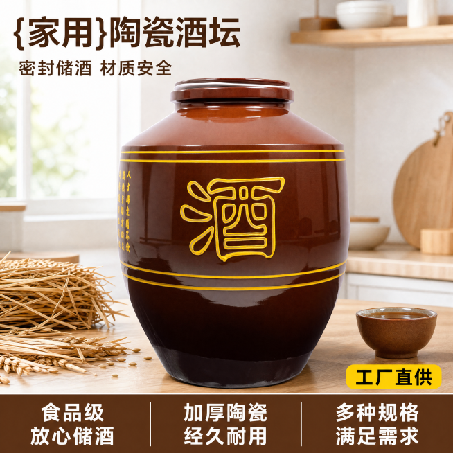 [主图-1] 棕色陶瓷酒坛拼多多首图，真实厨房场景展示。
[氛围风格] 实用家居风，清晰直白性价比感
[画质] 商业摄影质感，光线明亮通透，产品清晰真实，画面干净高级
[元素] 棕色带黄色酒字的陶瓷酒预览效果