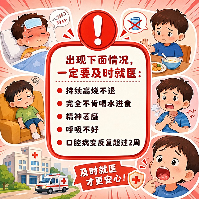 儿童科普漫画第八格，温和卡通风格，就医警示主题，画面中央有一个醒目的红色警示框，框内有一个大大的感叹号图标，警示框里列出需要就医的情况，文字清晰分行："出现下面情况，一定要及时就医：持续高烧不退、完全不肯喝水进食、精神萎靡、呼吸不好、口腔病变反复超过2周"，每条前面有小红点标记，画面整体有紧迫感但不恐怖，红色为主色调搭配柔和背景，适合儿童科普