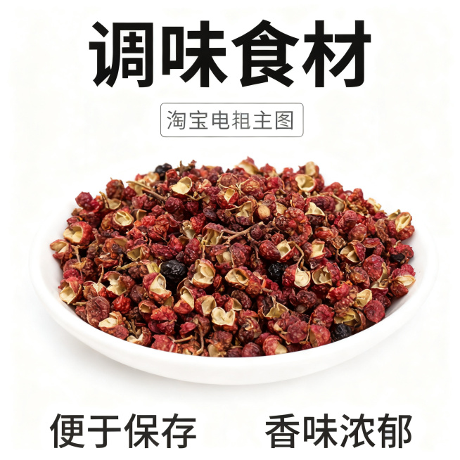 淘宝电商主图，商品是保鲜花椒，整体白色配色，汇总展示所有卖点：调味食材、便于保存、香味浓郁，简洁干净的版式，比例1:1，适合淘宝天猫平台展示预览效果