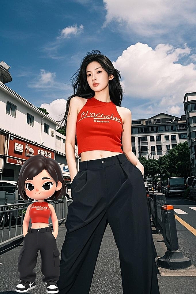 时尚潮流街拍，2D卡通拟人与3D真人混搭，展现独特创意风格。