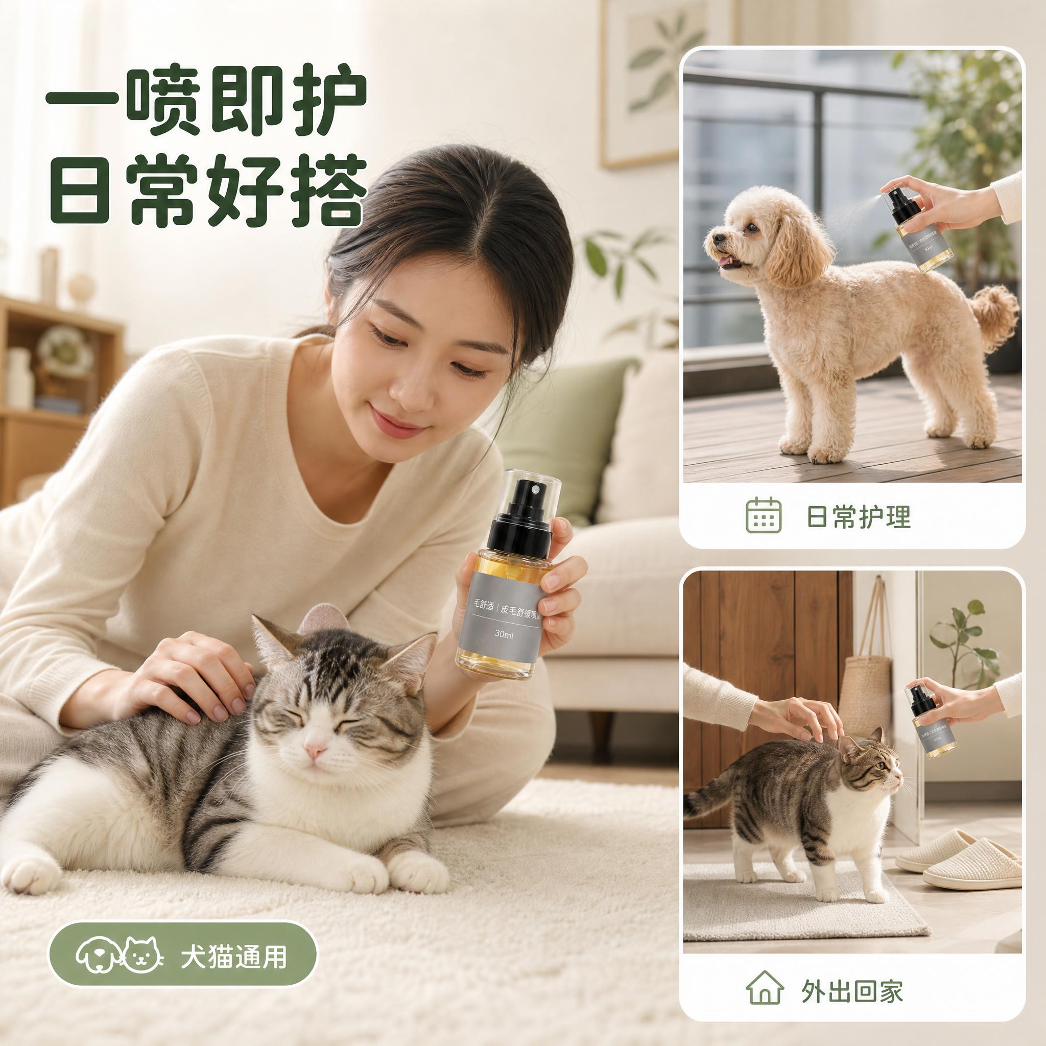 [主图-4] 毛舒适｜犬猫皮毛舒缓喷雾 使用场景与犬猫适配图。… - 图片创意预览