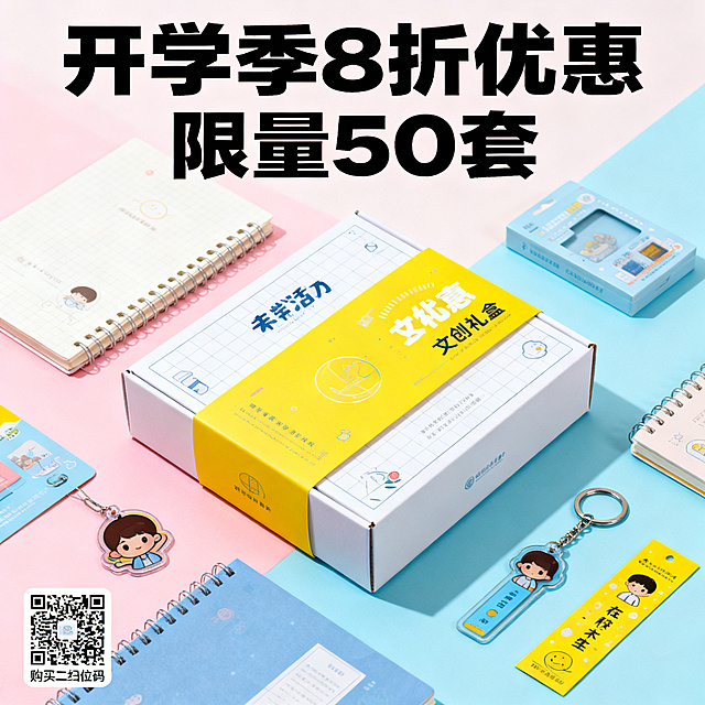 青春活力风格校园定制文创礼盒促销海报，画面包含文创礼盒以及笔记本、钥匙扣、书签产品实物元素，带有促销文案"开学季8折优惠 限量50套"，左下角预留购买二维码占位符，面向在校大学生设计，使用活力青春校园色调，整体设计简洁醒目，信息清晰。