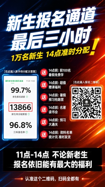 背景：​ 采用极具压迫感和速度感的动态对角线分割。左上角为深邃的警报蓝（象征紧张），右下角迸发出炽热的橙红（象征福利火热），带有细微的光速线条特效。
顶部文案区：
主标题：“新生报名通道 最后三小时”预览效果