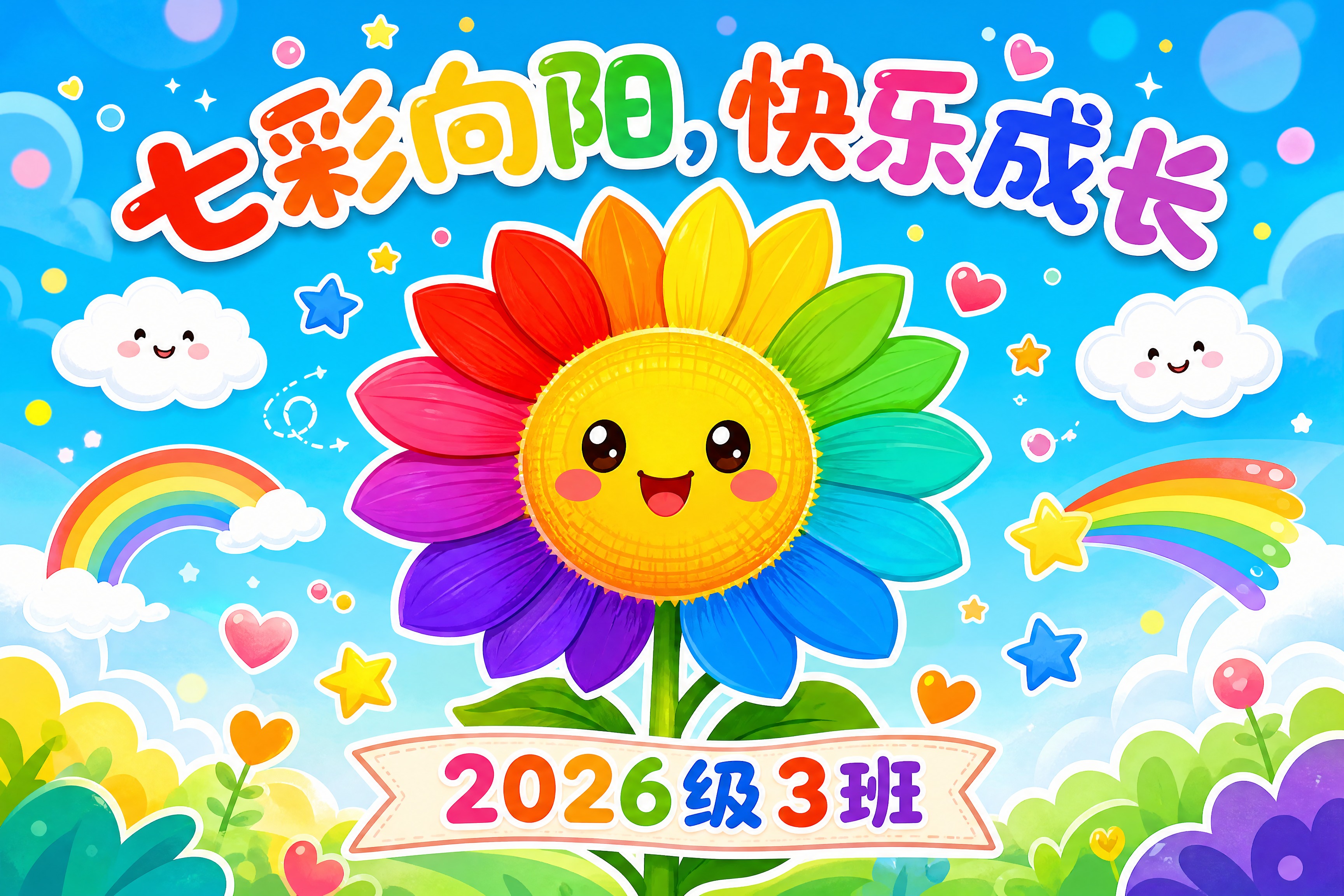 设计一面活泼可爱的小学班旗，横版3:2比例。画面中央是一朵大大… - 图片创意预览