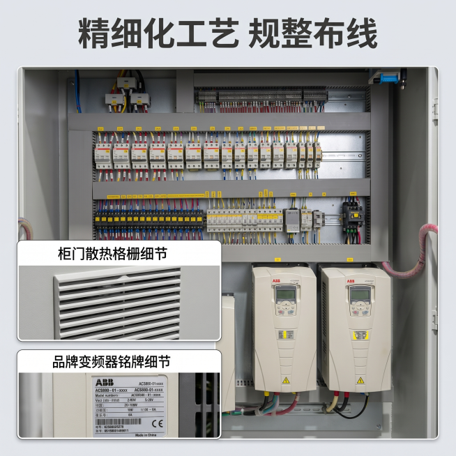 [主图 3] 水处理变频柜工艺细节特写展示。[氛围风格] 细节微距展示，专业工业品质感；[画质] 商业摄影质感、光线柔和通透、产品清晰真实、画面干净高级；[分辨率]2k分辨率；[元素] 主画面展示变频预览效果