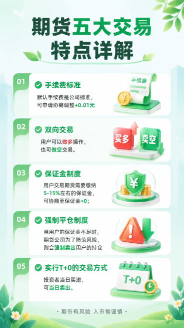 一幅介绍期货五大交易特点的信息图，版式清爽舒服，整体为小清新风格，内容顺序调整为：1手续费标准 2双向交易 3保证金制度 4强制平仓制度 5实行T+0的交易方式。画面包含标题"期货五大交易特点详解"，预览效果