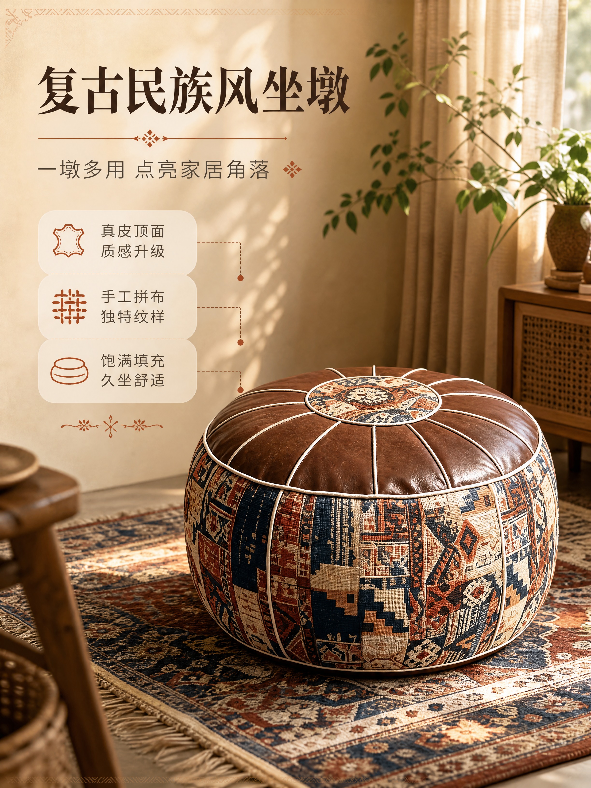 [商品] 使用【图1】民族风拼布皮质坐墩；保留圆形轮廓、棕色真… - 图片创意预览