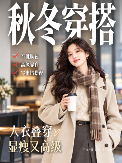 展示身着米色大衣与格纹围巾的女性模特，主打大衣叠穿显瘦高级。适用于电商零售、服装店铺推广或时尚穿搭推荐场景。