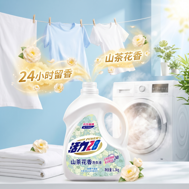 活力28山茶花香洗衣液商品主图，洁净洗衣场景风格，突出产品24小时留香卖点，浅蓝清新背景预览效果