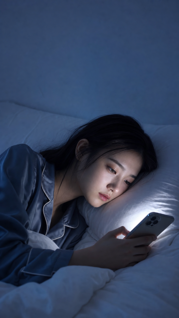 写实人像摄影，深夜卧室场景，年轻东亚黑发女生侧卧躺在床上，头枕在白色柔软枕头，身穿灰蓝色缎面长袖睡衣带有白色包边滚线设计，大半身子盖着蓬松白色被褥；黑暗环境只有手机屏幕冷白光打亮面部与手部，环境整体清预览效果