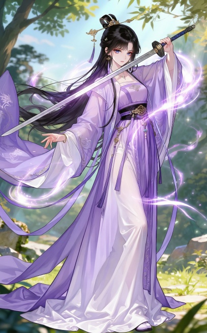 参考图二的绘画风格重新绘制图一女子，增加周身紫白色灵气预览效果