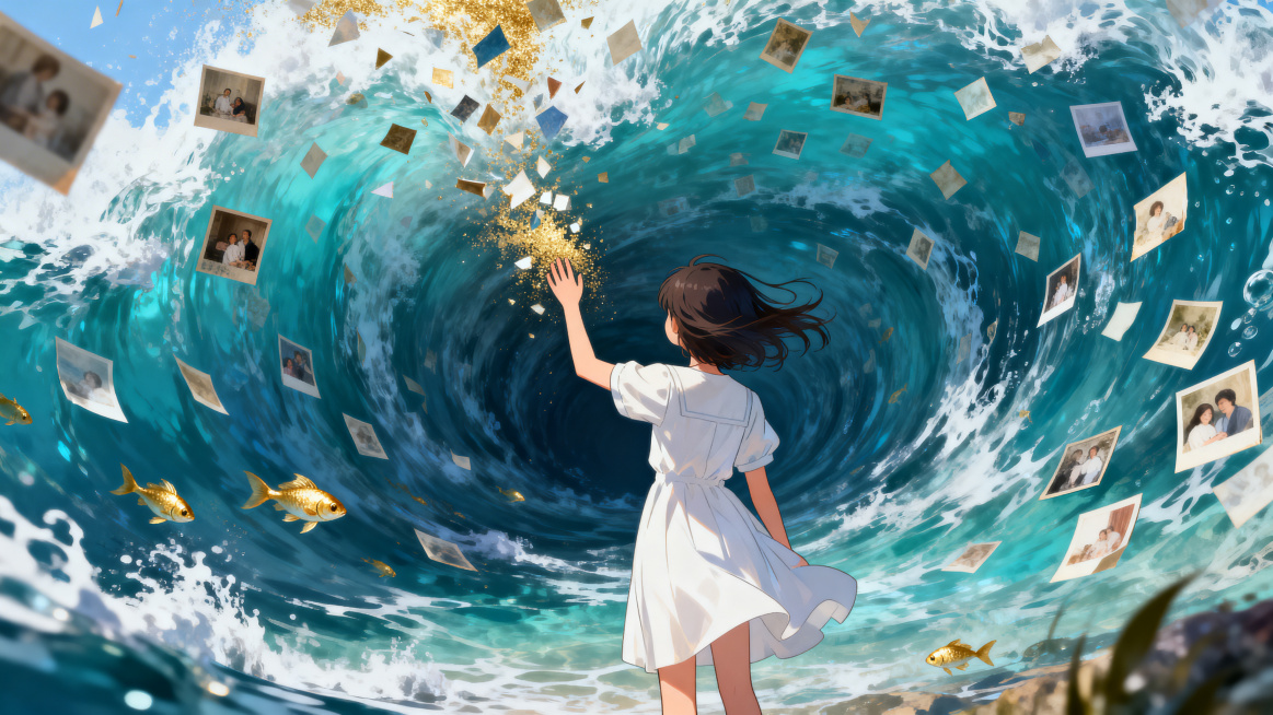 童话风格梦幻主义漫画，视觉中心是一位身穿白色连衣裙的漫画女孩背对屏幕，站在完全铺满屏幕的由海水与家庭回忆碎片构成的旋转隧道中，海水由近到远逐渐从清晰过渡到模糊，女孩的手向上伸向带着记忆碎片的汹涌海水，预览效果