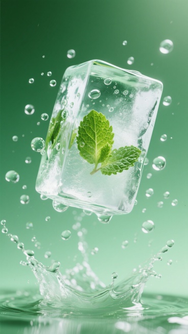透明冰块从绿色渐变背景中飞溅而出，部分冰块内嵌薄荷叶，周围环绕着无数晶莹水珠与气泡，水花在底部溅起，整体呈现出清凉、动态而清新的氛围，冰块棱角分明且表面光滑，水珠与气泡具有真实的透明质感和反光效果，光线从上方柔和照射，使冰块和水珠边缘泛着淡淡的高光，营造出夏日冰爽的视觉感受。预览效果