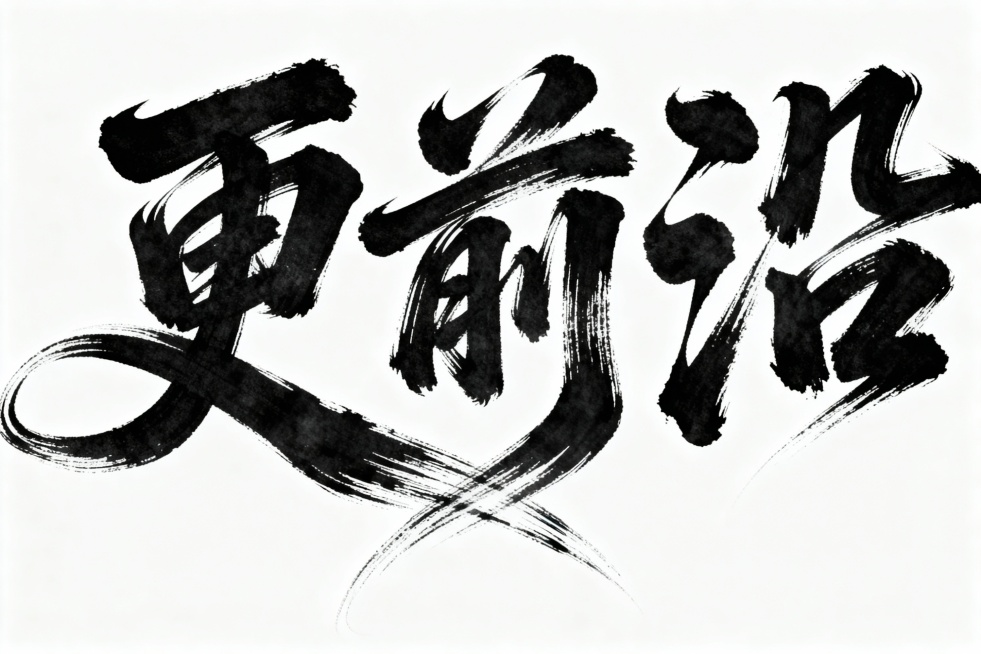书法字体海报，主体为“更前沿”四个草书汉字，草书字体狂野奔放，视觉张力富有动感，超粗笔画流畅飘逸，笔画巧妙延长变形，带有飞白效果，笔画流畅潇洒，白底黑字，横式排版。整体呈现大师海报作品风格，电影海报视预览效果