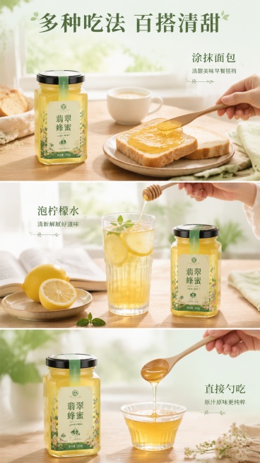 [第4屏] 食用场景种草屏-展示翡翠蜂蜜日常吃法。本屏使用【图1】作为产品主体展示。
[氛围/风格] 生活化温馨场景，自然清新氛围，真实代入感。
[元素布局] 分三格竖排场景拼图，上格：涂抹面包早餐场预览效果